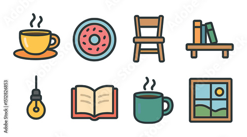 Book café flat icon set. reading and coffee shop symbols for cozy interiors
