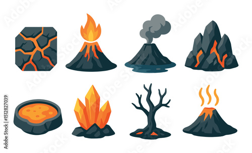 Volcanic island flat icon set. eruption, lava, geothermal symbols for design