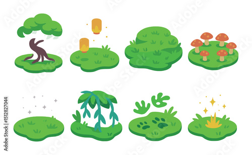 Mystical forest icon set: flat style nature symbols for woodland, fantasy themes