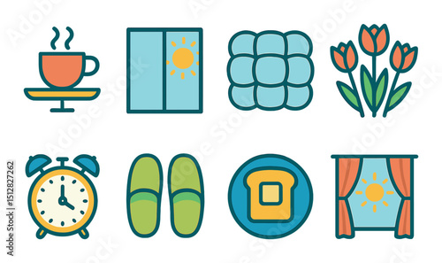 Morning routine flat icon set. daily activities and sunrise theme symbols