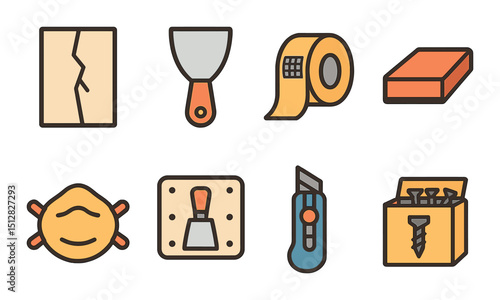 Drywall repair icon set. flat design for wall patching and home renovation tools