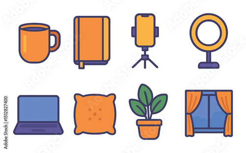 Vlog essentials flat icon set. blogging and video content symbols for creators