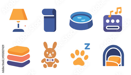 Nighttime setup icon set: flat style, bedtime and evening routine symbols