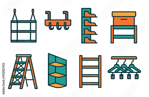 Storage and organization icon set: vibrant flat style symbols for tidying and decluttering