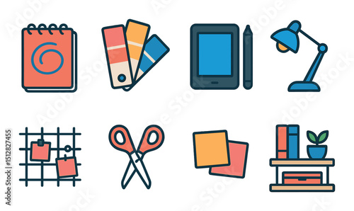 Creative studio flat icon set. design, art, and workspace symbols for graphic artists