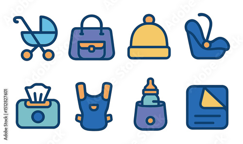 Baby essentials icon set: flat style baby care, parenting, infant symbols