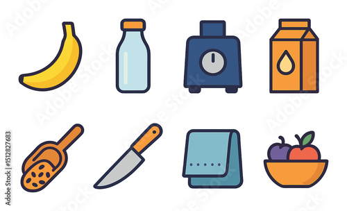 Smoothie preparation icon set in flat style. kitchen and fruit blending symbols