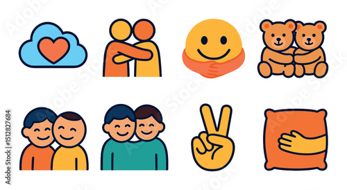 Sibling hugs flat icon set. family bonding and affection symbols