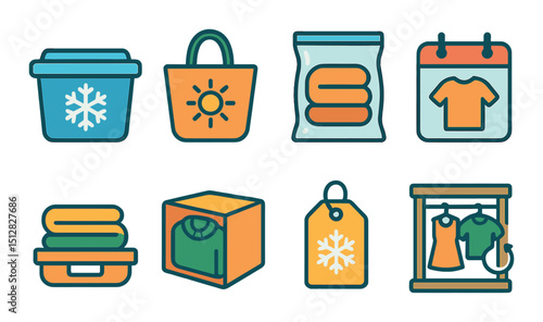 Seasonal storage flat icon set. organization, decluttering, space-saving symbols
