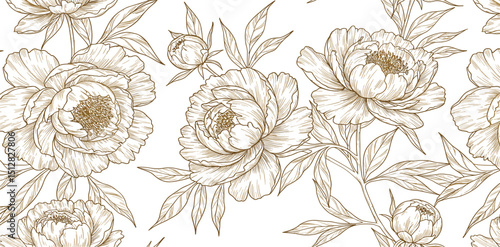 Vector set of gold line japanese, chinese flowers illustrations. Peonies vintage elegant art, wedding ornament, asian botanical graphic