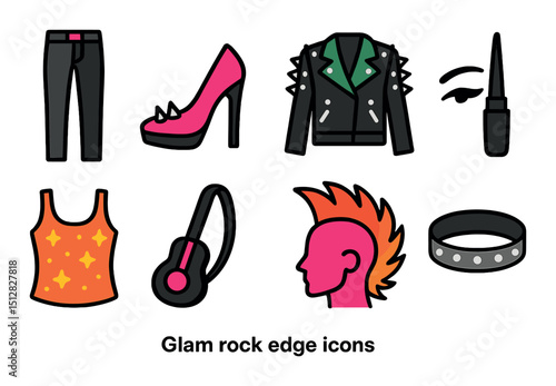 Glam rock icon set in simple style. punk and edgy fashion symbols