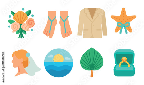 Beach ceremony flat icon set. simple wedding and seaside celebration symbols