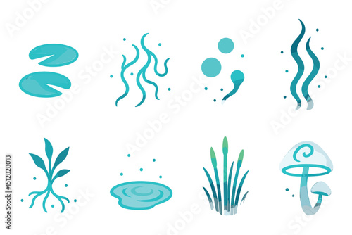 Bioluminescent marsh flat icon set. glowing wetlands and aquatic symbols