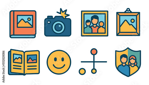 Photo memories flat icon set. image and camera symbols for digital albums