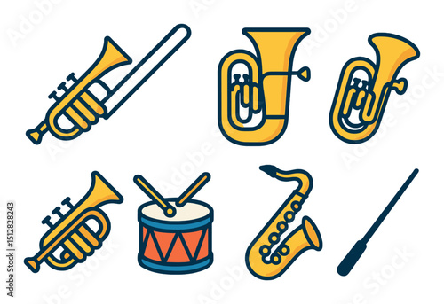 Music and brass band flat icon set. instrument and orchestra symbols