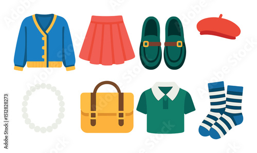 Preppy style flat icon set. fashion, clothing, and accessories symbols