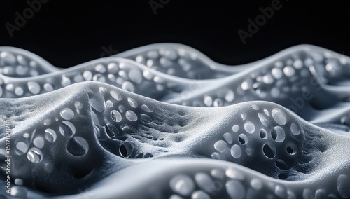 Abstract, textured, undulating surface.  A grayscale,  3D render of a  complex, porous structure.  The surface undulates in gentle waves, with numerous,  circular voids or perforations.