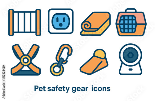 Pet safety gear icon set in flat style. animal protection and care symbols