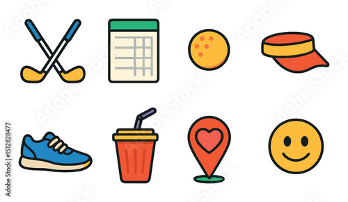 Mini golf flat icon set. putt-putt, leisure, recreation symbols