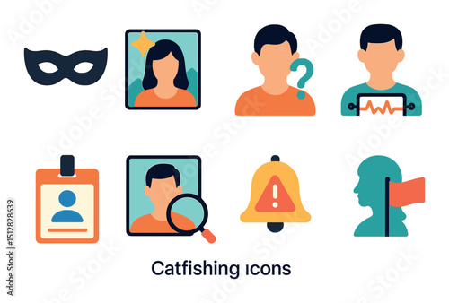 Catfishing warning icon set. flat style deception, fraud detection symbols