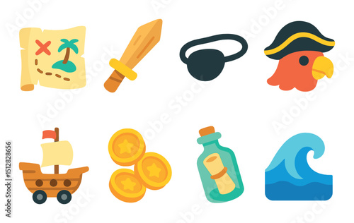Pirate adventure flat icon set. nautical treasure hunt symbols for games and design