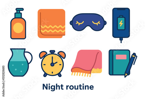 Night routine icon set in linear style. simple and relaxing bedtime symbols