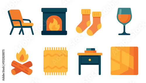 Relaxed evening flat icon set. cozy home and leisure symbols