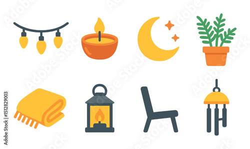 Evening balcony flat icon set. relaxation and decor symbols for cozy nights