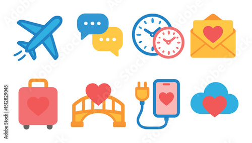 Long distance connections icon set: flat style communication and travel symbols