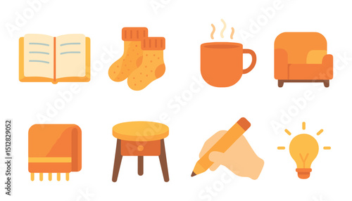 Cozy icon set in flat style. warm and comfortable living essentials symbols