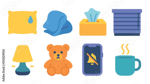 Bedtime and relaxation flat icon set. sleep and comfort symbols collection