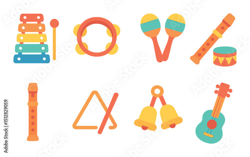 Children's music flat icon set. playful instruments and fun musical symbols.