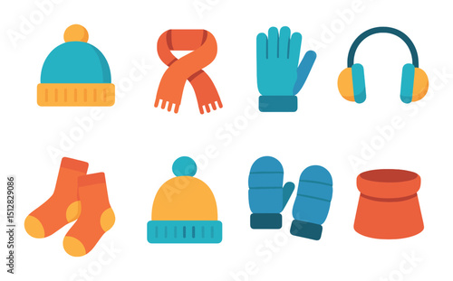 Winter wear flat icon set. cozy clothing and cold weather accessory symbols