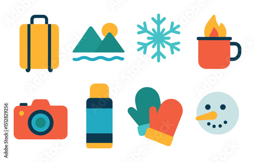 Holiday trip flat icon set. travel, vacation, winter motifs for your projects