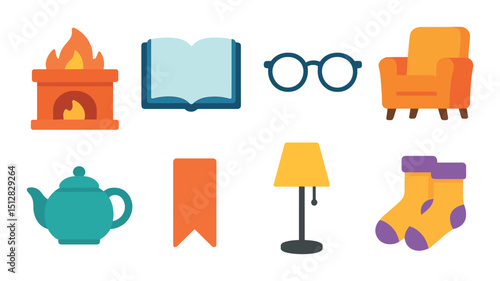 Evening reading flat icon set. cozy and relaxing home symbols for comforting vibes