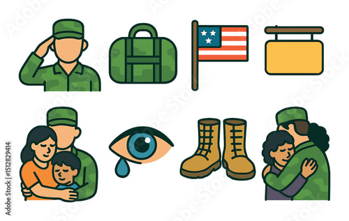 Military family reunion flat icon set. soldier homecoming and veteran support symbols