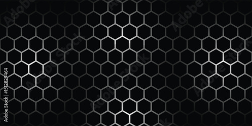 Black and yellow hexagonal technology vector abstract background. Yellow bright energy flashes under hexagon in modern technology futuristic background illustration. Dark gray honeycomb texture grid.