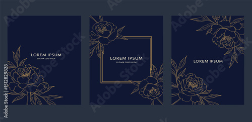 Vector set of golden flower vintage cards, elegant leaf line frames, japanese style invitations. Memory, funeral templates, greeting luxury 