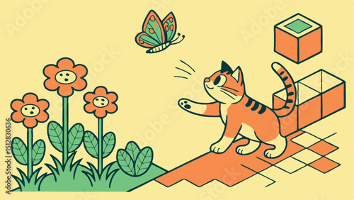 Playful Pixel Art Vector Illustration of a Cat Chasing a Butterfly in a Stylized Garden with Blocky Flowers  