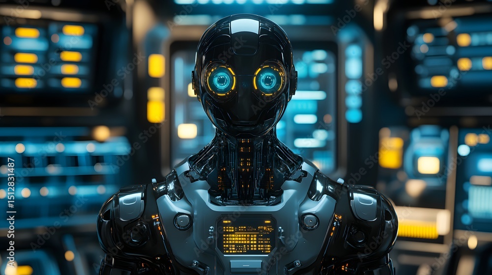 Advanced robot in a futuristic control center. Advanced robot in a futuristic control center.