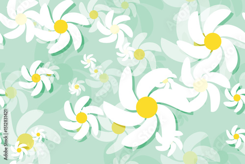 Seamless floral pattern with White daisy camomiles, perfect for spring and summer nature-inspired designs Green Background
