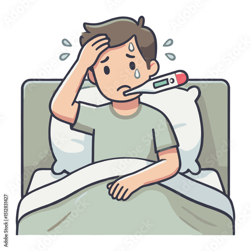 Sick Boy Lying in Bed with Thermometer Suffering from Fever and Illness