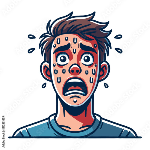 Distressed Man Sweating with Wide Eyes on White Background Cartoon Style