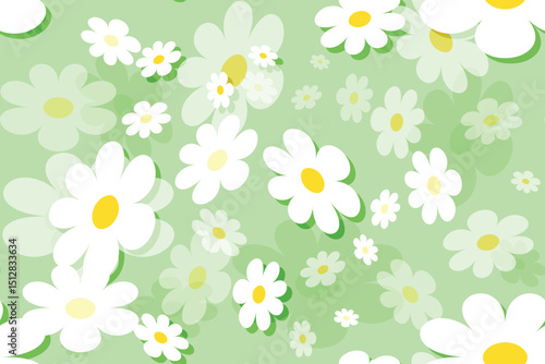 Seamless floral pattern with White daisy camomiles, perfect for spring and summer nature-inspired designs Green Background
