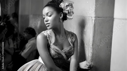 Elegant vintage monochrome portrait of woman with flower headpiece attending an event in formal dress looking away, black and white