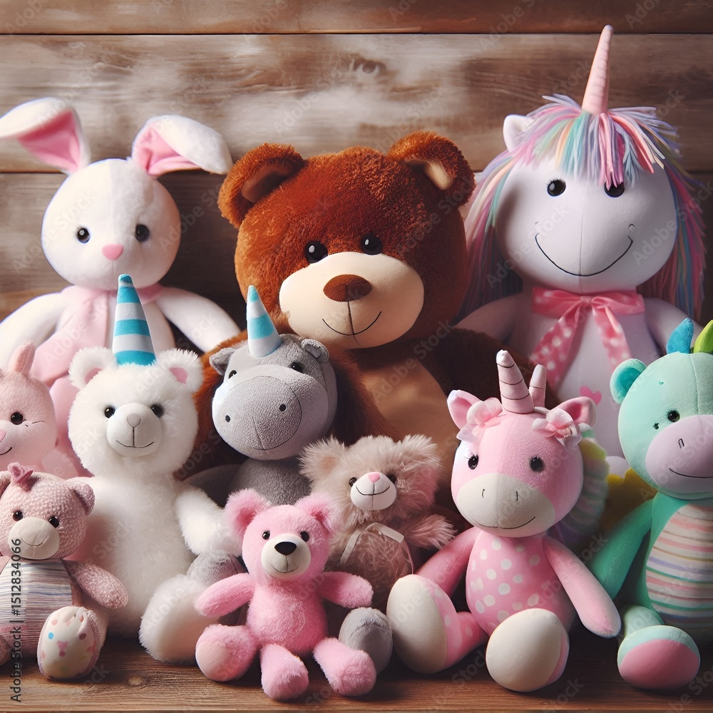 Group of cute plush toys arranged together on a wooden surface, evoking a feeling of innocence. Group of cute plush toys arranged together on a wooden surface, evoking a feeling of innocence.