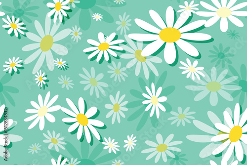 Seamless floral pattern with White daisy camomiles, perfect for spring and summer nature-inspired designs Green Background