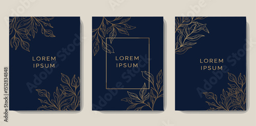 Vector set of art deco flourish leaves ornaments with arch. Vintage japanese luxury borders, frames, covers and labels. 