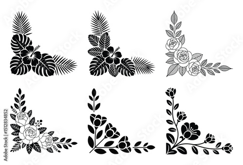 Six black and white floral corner designs