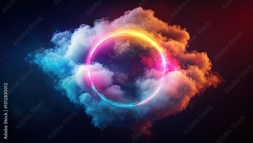 Obraz premium Colorful Neon Circle Framed by Clouds